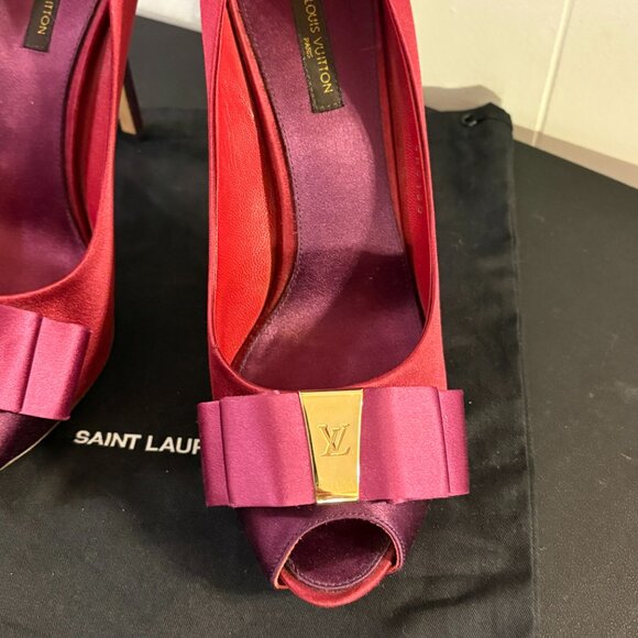 Louis Vuitton Maroon Satin Bow Peep-Toe Pumps - Picture 2 of 8
